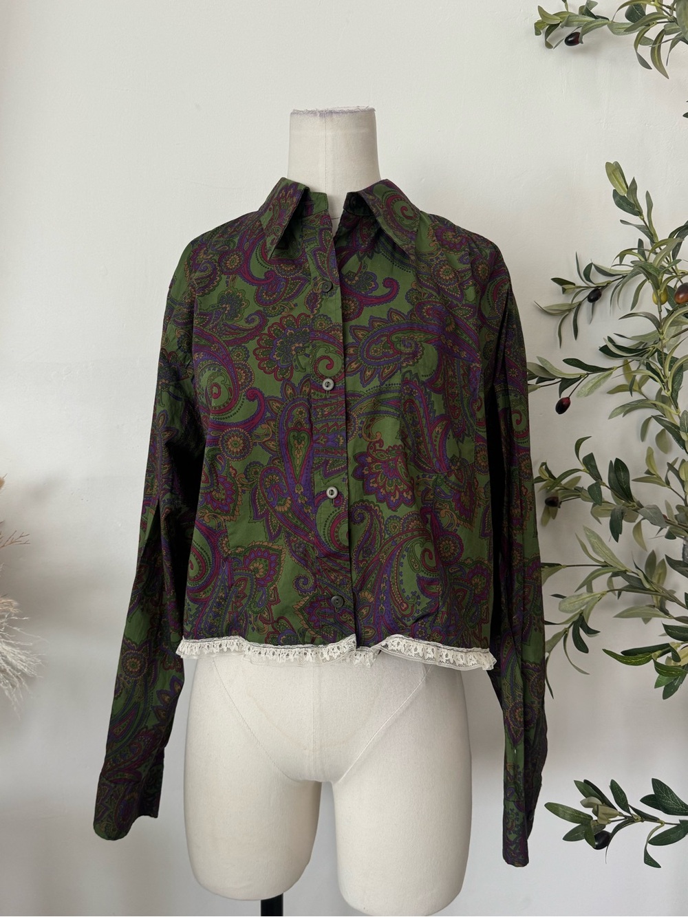 Jones New York Signature Green Paisley Cotton Crop Button Shirt XL Vintage Boho